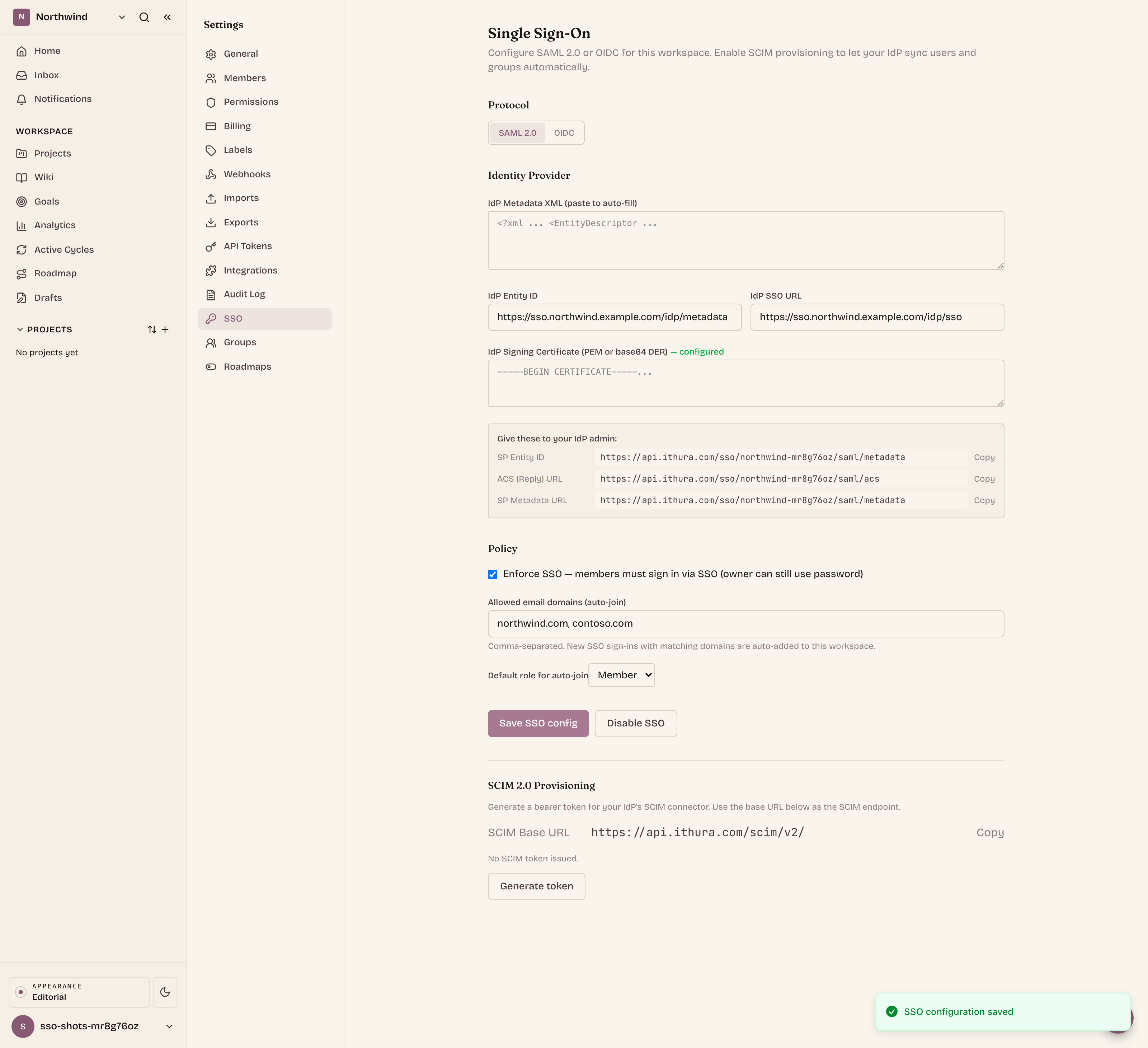 The Ithura workspace SSO settings page with SAML 2.0 configured: the identity-provider fields, the SP Entity ID, ACS URL, and SP Metadata URL to hand to Okta, the Enforce SSO toggle and auto-join policy, and the SCIM 2.0 base URL.
